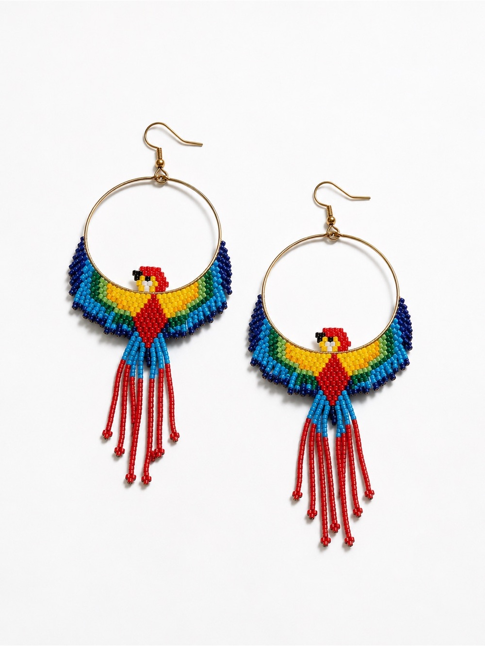 Tropical Macaw Parrot Seed Beaded Hoop Fringe Earrings - Picture 2 of 2